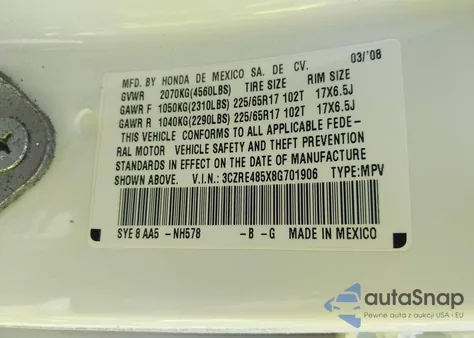 2008 Honda Cr-V Ex из США, поврежденный, VIN 3CZRE485X8G701906